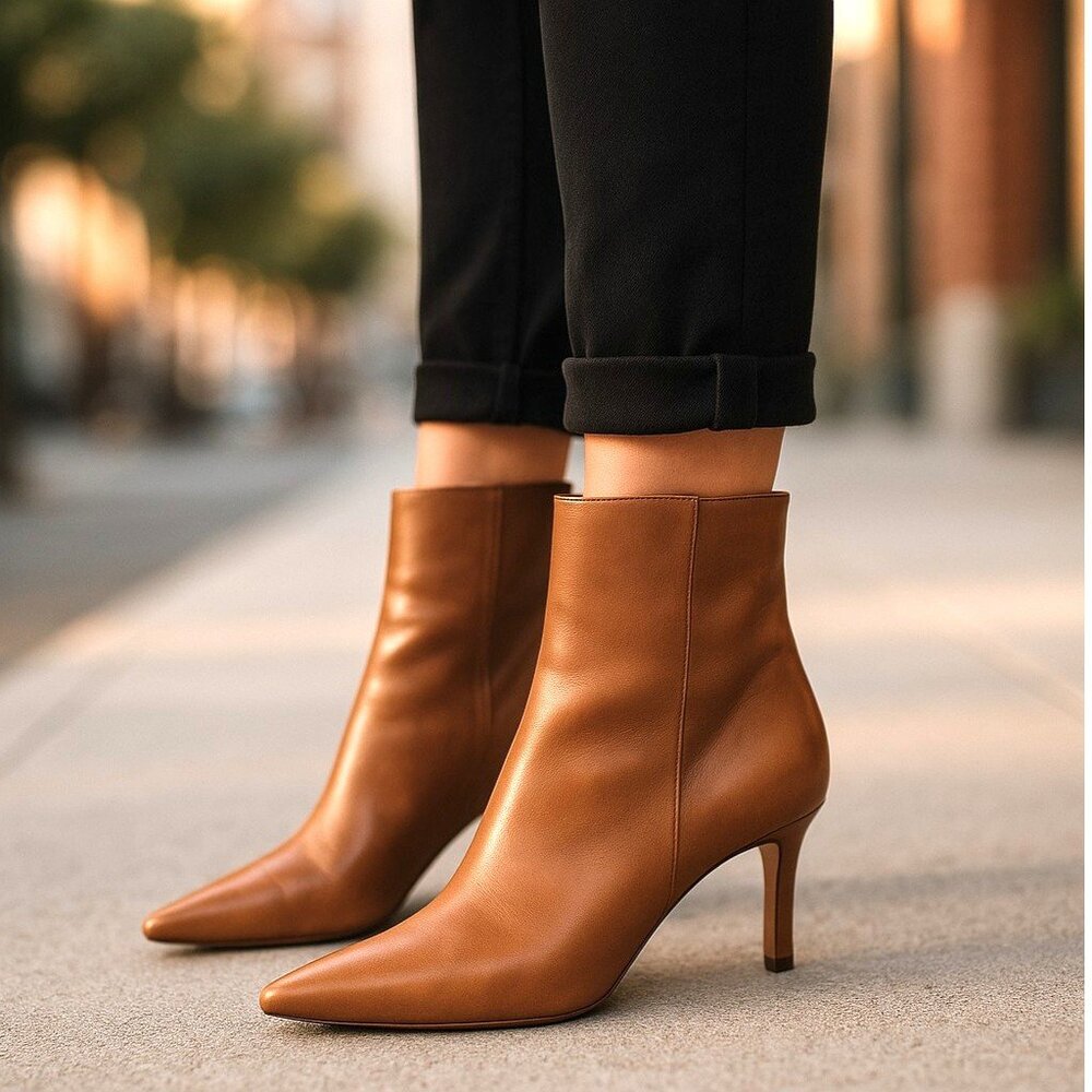 STUART WEITZMAN Leather Boots 9.5 Metallic Gold Pointy Toe Heels RARE Vintage